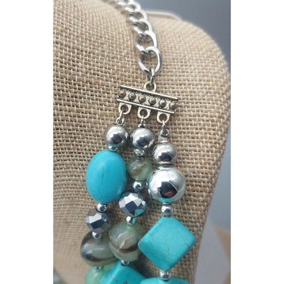 Silver Tone Faux Turquoise Statement Necklace Multi Strand Beaded Collar 21" - Picture 8 of 11